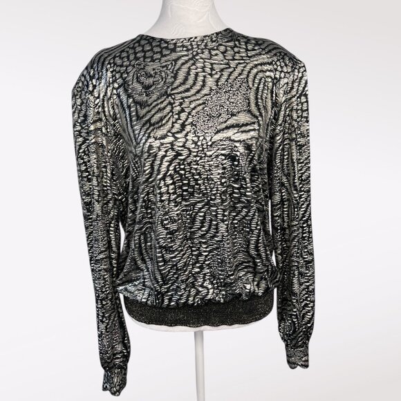 Vintage Judy Bond Long Sleeve Shirt Animal Print Black Gold Metallic Medium - Picture 1 of 10